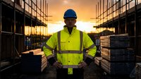 Construction worker in high visibility safety vest and hard hat standing at warehouse site during golden hour sunset with industrial scaffolding background.