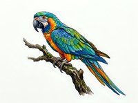 Colorful macaw parrot perched on branch with vibrant blue, green, and orange plumage. Isolated on white background, suitable for wildlife design, educational materials, and print applications.