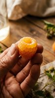 Golden raspberry held in hand against rustic wooden surface with fresh berries and natural lighting, suitable for food, agriculture, and healthy eating content.