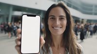 Young woman with long brown hair smiling while showing blank smartphone screen in front of modern building with crowd in background.