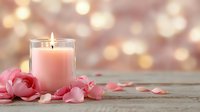 Glowing pink candle with rose petals scattered on rustic wooden surface against soft bokeh background creates romantic spa and wellness atmosphere.