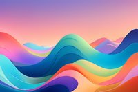 Abstract wavy landscape with vibrant gradient colors flowing from turquoise to purple and coral, creating a dynamic composition against soft pink and orange sky.