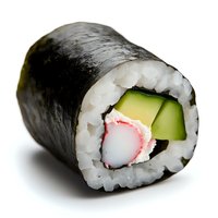 Fresh sushi roll with crab meat, cucumber and nori seaweed wrap on white background, close up view showing detailed texture and ingredients for menu design.
