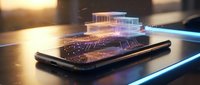 Futuristic smartphone displaying holographic house model with glowing particles, showcasing augmented reality real estate technology and digital property visualization.