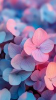 Delicate hydrangea flowers in soft pink and blue tones create dreamy botanical composition with subtle veining and ethereal bokeh effect, suitable for romantic designs.