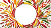 Hot chili peppers arranged in circular frame with white center space. Red, yellow, orange and green fresh peppers create vibrant border for food, cooking and culinary design projects.