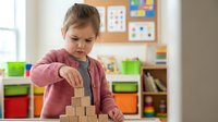 Young girl building wooden block tower in colorful classroom environment with educational materials and learning toys for child development activities.