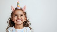 Happy young girl wearing colorful unicorn horn headband and ears smiling joyfully at camera against white background for party celebration costume play.