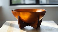Modern copper bowl with geometric tripod legs on wooden surface for contemporary kitchen and dining decor.
