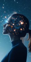 Young woman silhouette with glowing network patterns forming head shape against starry night sky, representing artificial intelligence and neural connections.