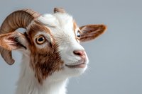 Young brown and white goat with curved horns looking sideways against light gray background, close-up portrait showing detailed facial features and expressive eyes.