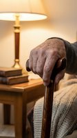 Elderly man's weathered hand gripping wooden walking cane in cozy living room with warm lamp lighting and comfortable furniture for senior care concepts.