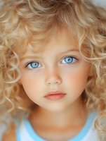 Young girl with striking blue eyes and natural blonde curly hair wearing light blue top, soft portrait with gentle lighting and warm skin tones.