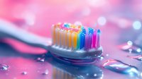 Colorful toothbrush bristles in vibrant rainbow colors against pink and blue bokeh background with water droplets, creating fresh dental care concept.