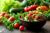 Fresh vegetable salad with chopped tomatoes and herbs in black bowl on rustic wooden table, surrounded by ingredients. Healthy Mediterranean cuisine.
