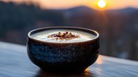 Creamy hot chocolate in dark ceramic bowl against sunset backdrop, topped with cocoa powder, creating cozy winter atmosphere on wooden surface.