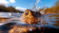 Close up of alligator head emerging from water with splashing droplets, dramatic lighting and shallow depth of field creating intense wildlife scene at sunset.