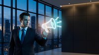 Professional businessman in suit touching holographic digital interface in modern office with city skyline view at dusk for business technology concepts.