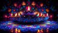 Glowing oil lamps on ornate metal holder against dark background with colorful bokeh lights creating magical festive atmosphere for Diwali celebration.