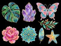 Colorful botanical and nature elements including monstera leaf, amethyst crystals, butterfly, peony flower, mandala, feather, and starfish. Isolated on transparent background, ready for t-shirts, stickers, clipart, and print-on-demand designs.