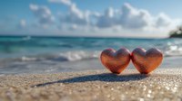 Two red heart shapes on sandy beach with turquoise ocean waves and cloudy blue sky in background, romantic vacation concept for Valentine's day or honeymoon.