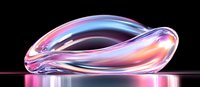 Futuristic abstract glass shape with iridescent reflections and neon glow on black background, featuring smooth curves and holographic color effects.