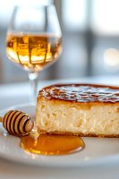 Creamy cheesecake slice with caramel glaze and honey drizzle on white plate, glass of golden wine in background, macro food photography with soft bokeh.