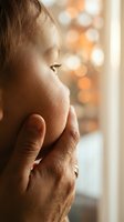 Thoughtful young woman in profile with hand on chin contemplating by warm window light with soft bokeh background for wellness and mindfulness concepts.
