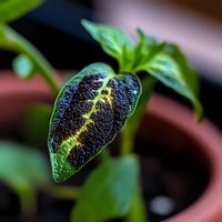 Close-up macro shot of dark green leaf with iridescent blue shimmer and prominent central vein, showing intricate natural texture and patterns in garden setting.