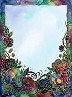 Watercolor floral frame with ornate gold-lined roses and botanical elements on colorful gradient background, isolated on white space for design use.