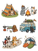 Cats enjoying outdoor camping adventures with tent, campfire, van, and hiking gear on isolated white background, ready for design use.