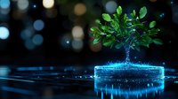 Glowing bonsai tree with green leaves on water surface against dark background with bokeh lights creates magical atmosphere for wellness and meditation.