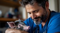 Caring veterinarian in blue scrubs holding and examining young piglet at animal clinic, showing compassionate animal healthcare with gentle professional approach.