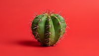 Green barrel cactus with sharp spines on vibrant red background for modern home decor and botanical design projects.