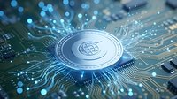 Global digital currency coin on circuit board with glowing light paths, representing blockchain technology, cryptocurrency, fintech innovation, and secure online financial transactions.