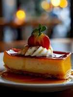 Caramel flan dessert topped with whipped cream, fresh strawberry and mint leaf, served on white plate with golden bokeh background, restaurant setting.