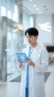Young Asian male doctor using futuristic holographic tablet technology in modern hospital corridor for digital healthcare innovation and medical research.