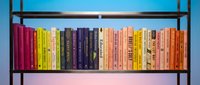 Colorful book collection arranged on modern metal shelf displaying rainbow spectrum of spines from red to orange creating organized library aesthetic.
