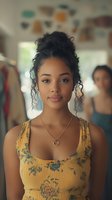 Young African American woman with curly hair in yellow floral dress smiling confidently in bright modern interior space for lifestyle and fashion content.