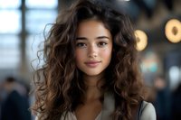 Young mixed-race woman with curly brown hair smiling warmly in modern urban setting with soft bokeh lights background for lifestyle marketing.