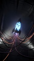 Glowing rocket with bright blue engine launching upward through dark industrial shaft surrounded by flowing electrical cables and wires.