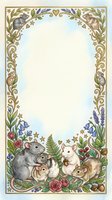 Decorative frame border with cute mice, rabbits and floral elements on watercolor background for greeting cards, invitations and stationery design.
