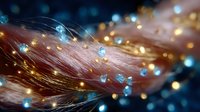 Glowing magical strands of copper hair with floating blue crystals and golden light particles creating ethereal fantasy effect against dark background.
