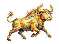 Ornate golden bull with decorative swirls and blue accents, isolated on white background. Suitable for logos, t-shirt designs, and graphic projects.