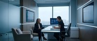 Two professional businesswomen having meeting in modern corporate office with large windows and city view discussing strategy and collaboration.