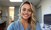 Young female healthcare professional in blue medical scrubs with blonde wavy hair smiling warmly at camera in medical office setting with computer monitor and equipment visible.