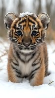 Close-up portrait of adorable tiger cub with snow on head standing in winter forest, looking directly at camera with bright blue eyes and striped orange fur.