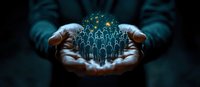 Hands holding glowing digital network of people silhouettes, representing global connectivity, teamwork, and human resources management in dark background.