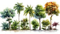 Watercolor tropical trees collection with palm trees and exotic plants in natural landscape composition, artistic botanical illustration for design use.