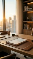 Cozy home office workspace with wooden desk, books and warm sunset light through window creating productive atmosphere for remote work and study.